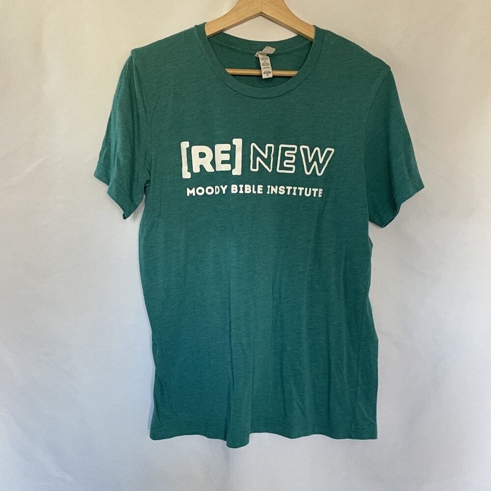 Renew Moody Bible Institute turquoise staff short sleeved t-shirt women's size M